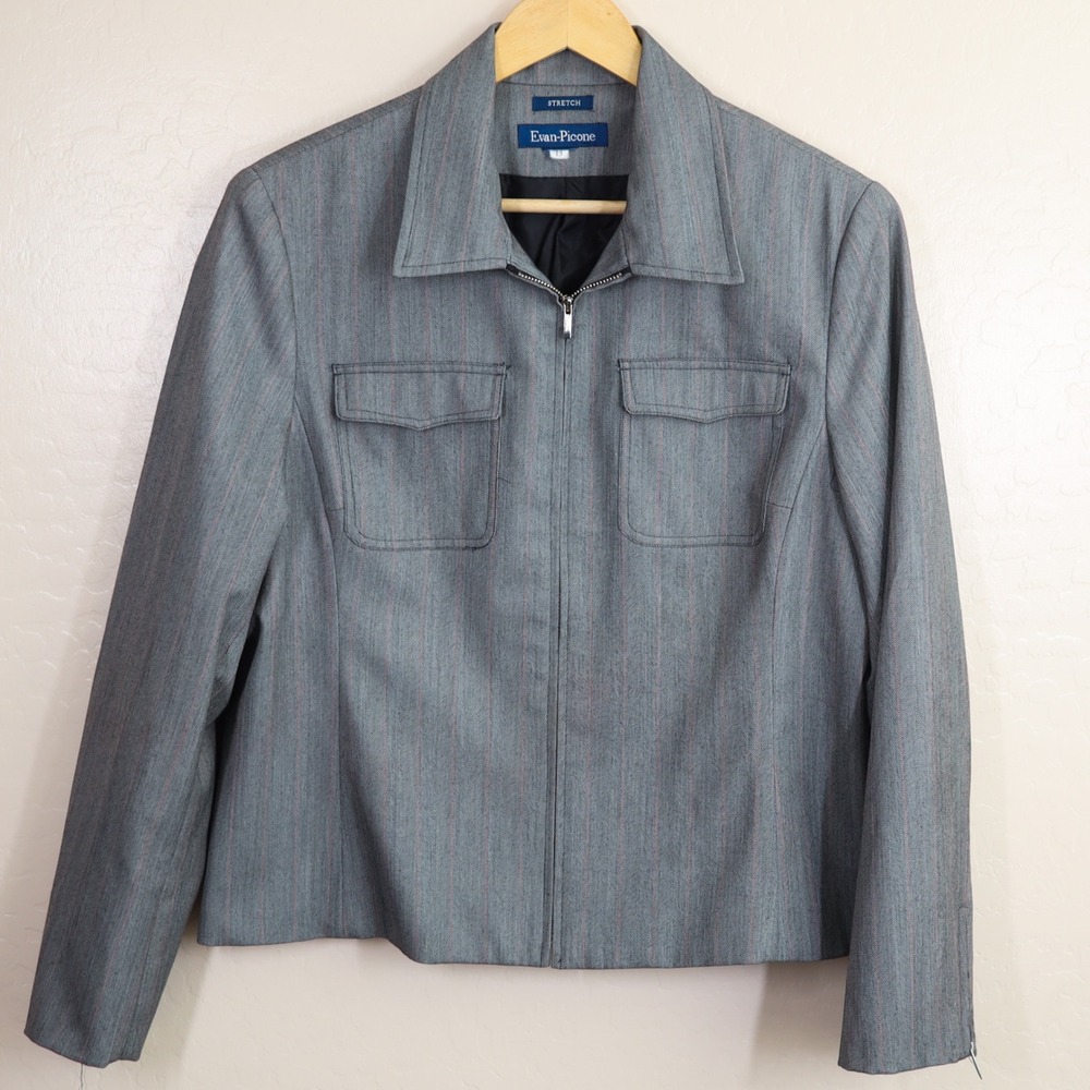 Evan-Picone Zip Front Workwear Jacket Womens‎ S Gray Herringbone Pinstripe Y2K